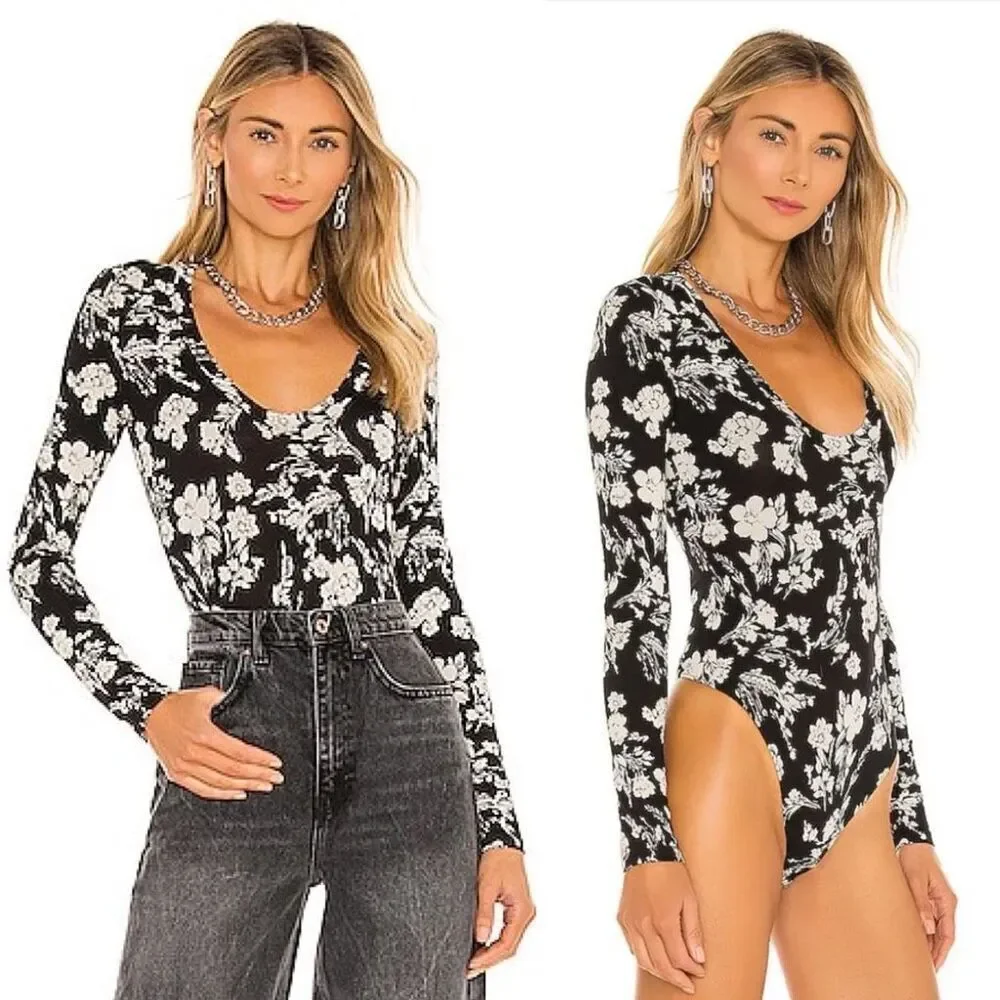 Free People Black and White Floral Long Sleeve Bodysuit